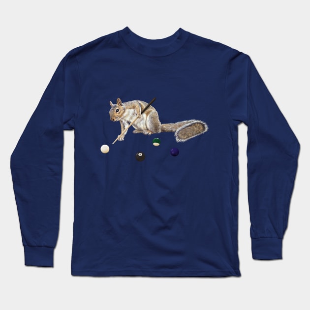 Squirrel playing pool Long Sleeve T-Shirt by Mehu Art